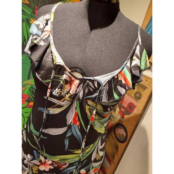 NWOT LOVE Women's Tropical Style Long Black Dress with Ruffle Collar. Size XL - Picture 2 of 16